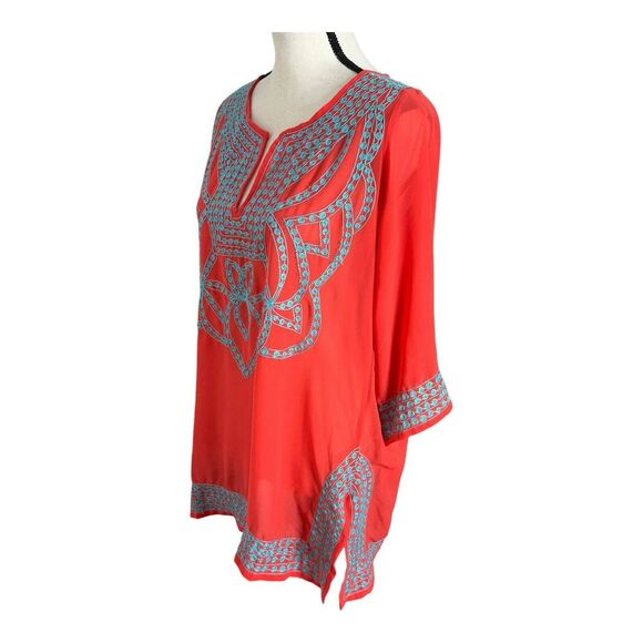GRETCHEN SCOTT DESIGNS Red and Blue‎ Split Neck 3/4 Sleeve Tunic Top Size Small - Picture 4 of 14